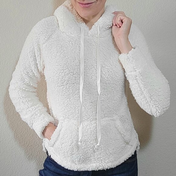 Juniors White Teddy Sherpa Hoodie Sweatshirt Medium Pullover Tie Pocket Jacket - Picture 1 of 4